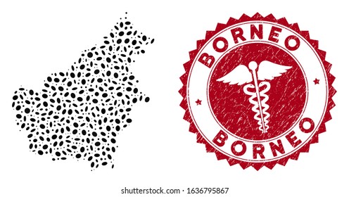 Vector mosaic Borneo Island map and red rounded rubber stamp seal with health care sign. Borneo Island map collage formed with ellipse elements. Red rounded healthcare seal stamp,
