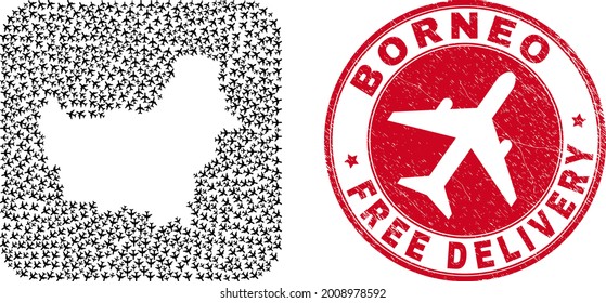 Vector mosaic Borneo map of aircraft items and grunge Free Delivery stamp. Mosaic geographic Borneo map designed as hole from rounded square with coming out air force symbols.