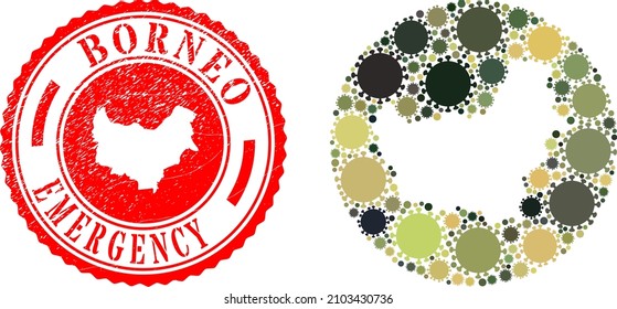 Vektor-Mosaik Borneo Karte der Coronavirus-Elemente und Grunge-NOTFE-Stempel. Mosaik geographische Borneo-Karte erstellt als Gestank aus runden Formen mit Coronavirus-Elementen in Camo-Armeefarben.