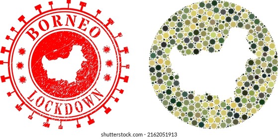 Mapa de Borneo de mosaico vectorial de elementos covid-2019 y sello de sello de RELOJ grueso. Mapa geográfico mosaico de Borneo creado como sustracción de círculo con ítems de infección cómodos en colores caqui militares.