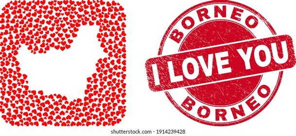 Vector mosaic Borneo map of valentine heart elements and grunge love stamp. Mosaic geographic Borneo map constructed as carved shape from rounded square shape with lovely hearts.