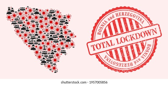 Vector mosaic Bosnia and Herzegovina map of coronavirus, masked people and red grunge lockdown stamp. Virus cells and people in masks inside Bosnia and Herzegovina map.