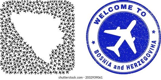 Vector mosaic Bosnia and Herzegovina map of air flight items and grunge Welcome badge. Mosaic geographic Bosnia and Herzegovina map constructed as stencil from rounded square shape with air vehicles.