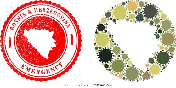 Vector mosaic Bosnia and Herzegovina map of viral icons and grunge EMERGENCY seal.