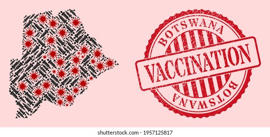 Vector mosaic Botswana map of corona virus, injection icons, and red grunge vaccine stamp. Virus elements and injection particles inside Botswana map.