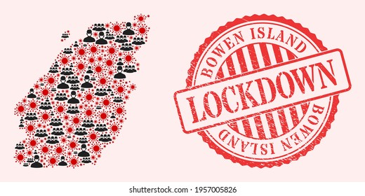 Vector mosaic Bowen Island map of corona virus, masked people and red grunge lockdown stamp. Virus elements and people in masks inside Bowen Island map.
