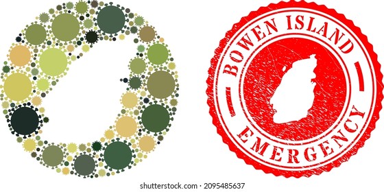 Vector mosaic Bowen Island map of virus outbreak items and grunge EMERGENCY seal.