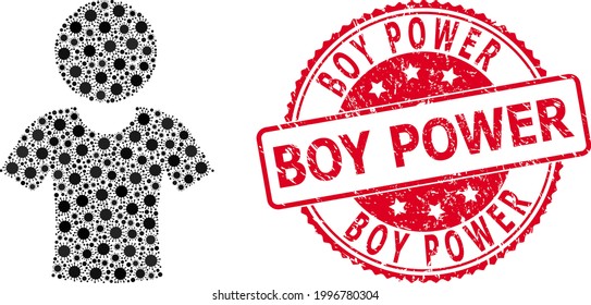 Vector mosaic boy of corona virus items, and Boy Power grunge round stamp seal. Virus particles inside boy mosaic. Red seal includes Boy Power caption inside.