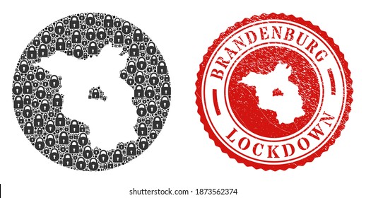 Vektor Mosaik Brandenburg Landkarte der Schlösser und grunge LOCKDOWN Siegel Stempel. Mosaik geographische Landkarte Brandenburgs, die als Subtraktion aus dem Kreis mit schwarzen Schlössern konzipiert wurde.