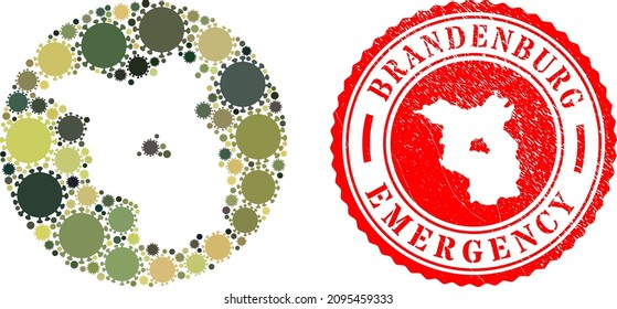 Vector mosaic Brandenburg Land map of sars virus icons and grunge EMERGENCY badge. Mosaic geographic Brandenburg Land map designed as hole from round shape with flu virus icons in khaki army colors.