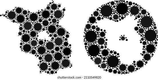 Mosaico vectorial Brandenburgo Mapa de la tierra de los ítems virales. Mapa geográfico mosaico de la Tierra de Brandenburgo creado como forma tallada de forma redonda con elementos virales en tonos negros. Abstracción por afiches de seguridad.