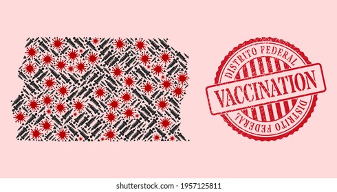 Vector mosaic Brazil Distrito Federal map of flu virus, vaccination icons, and red grunge vaccination seal. Virus elements and vaccination items inside Brazil Distrito Federal map.