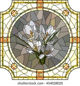 Vector mosaic of brightly crocus in round stained-glass window frame.