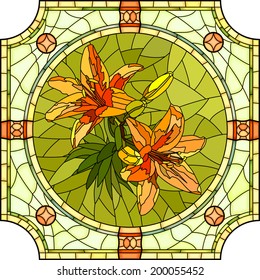 Vector mosaic of brightly orange lilies with buds in round stained-glass window frame.