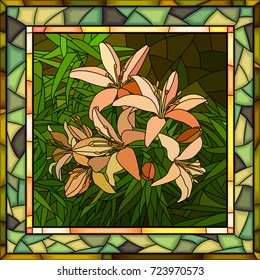 Vector mosaic of brightly pink lilies with buds on green in square stained-glass window frame.