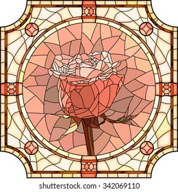 Vector Mosaic Of Brightly Pink Rose In Round Stained-glass Window Frame.