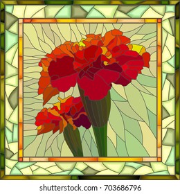 Vector mosaic of brightly red marigold (Tagetes) on light green in square stained-glass window frame.