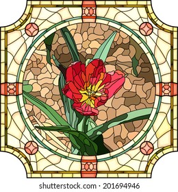 Vector mosaic of brightly red tulip in round stained-glass window frame.