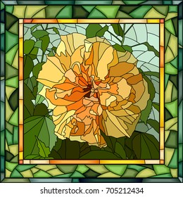 Vector mosaic of brightly yellow hibiscus (Chinese rose) on green in square stained-glass window frame.