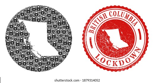 Vector mosaic British Columbia map of locks and grunge LOCKDOWN seal stamp. Mosaic geographic British Columbia map created as hole from round shape with black locks.