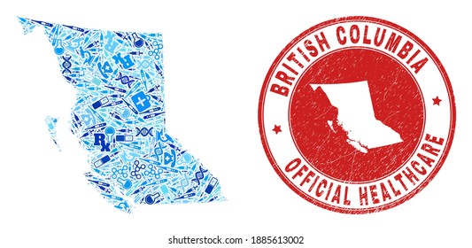 Vector mosaic British Columbia map with vaccine icons, test symbols, and grunge health care seal. Red round imprint with scratched rubber texture and British Columbia map caption and map.