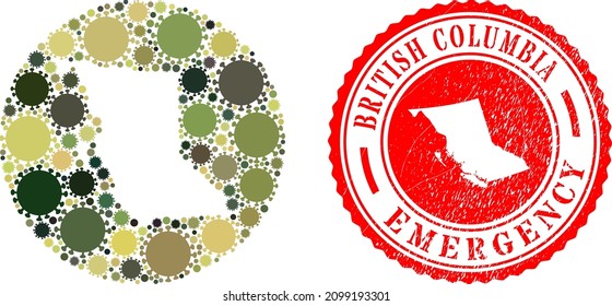Vector mosaic British Columbia map of covid infection elements and grunge EMERGENCY stamp.