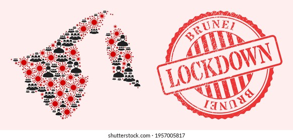 Vector mosaic Brunei map of corona virus, masked people and red grunge lockdown seal stamp. Virus items and people in masks inside Brunei map. Red seal with grunge rubber texture and LOCKDOWN text.