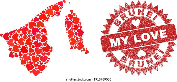 Vector mosaic Brunei map of love heart items and grunge My Love badge. Mosaic geographic Brunei map created using love hearts. Red rosette imprint with grunge rubber texture and my love text.