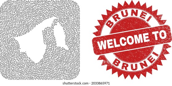 Vector mosaic Brunei map of motion arrows and rubber Welcome stamp. Mosaic geographic Brunei map created as carved shape from rounded square with straight arrows.