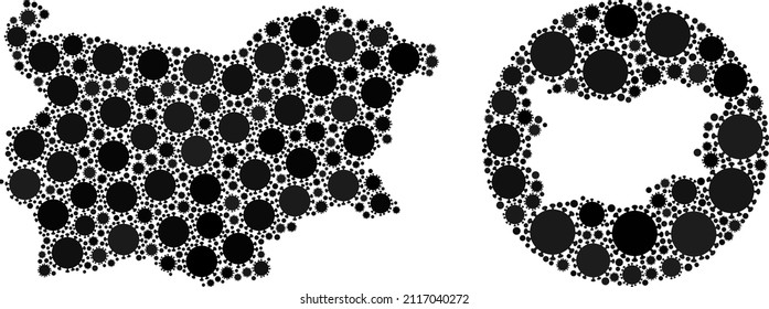 Vektormosaik Bulgarien Karte der Sars-Virus-Symbole. Mosaik geographische bulgarische Karte wurde als geschnitzte Form aus runden Formen mit Sars-Virus-Elementen in schwarzen Farben entworfen. Illustration für pandemische Poster.