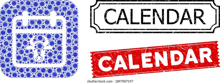 Vector mosaic bull calendar page and grunge Calendar stamps. Mosaic bull calendar page created as subtraction from rounded square with blue covid items.