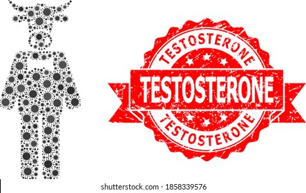 Vector mosaic bull gentleman of flu virus, and Testosterone scratched ribbon stamp. Virus items inside bull gentleman mosaic. Red stamp seal has Testosterone tag inside ribbon.