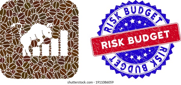 Vector mosaic bullish market chart and grunge bicolor Risk Budget stamp. Mosaic bullish market chart designed as hole from rounded square with cocoa grain.