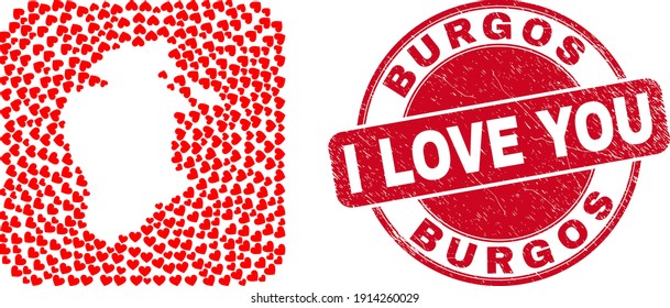 Vector mosaic Burgos Province map of valentine heart elements and grunge love seal. Mosaic geographic Burgos Province map created as hole from rounded square with lovely hearts.