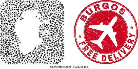Vector mosaic Burgos Province map of airplane items and grunge Free Delivery stamp. Mosaic geographic Burgos Province map designed as hole from rounded square with jet vehicles flying out.