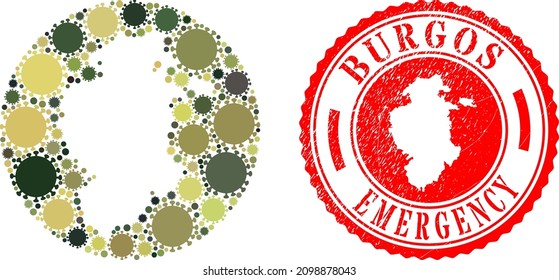 Vector mosaic Burgos Province map of SARS virus elements and grunge EMERGENCY seal stamp.