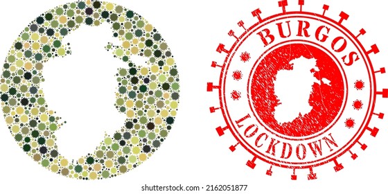 Vector mosaic Burgos Province map of flu virus elements and grunge LOCKDOWN seal.