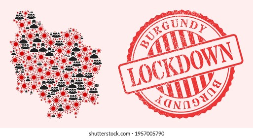 Vector mosaic Burgundy Province map of corona virus, masked people and red grunge lockdown seal stamp. Virus items and people in masks inside Burgundy Province map.