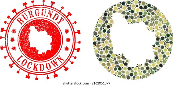 Vector mosaic Burgundy Province map of flu virus icons and grunge LOCKDOWN seal stamp.