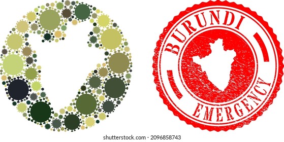 Vector mosaic Burundi map of covid elements and grunge EMERGENCY badge.