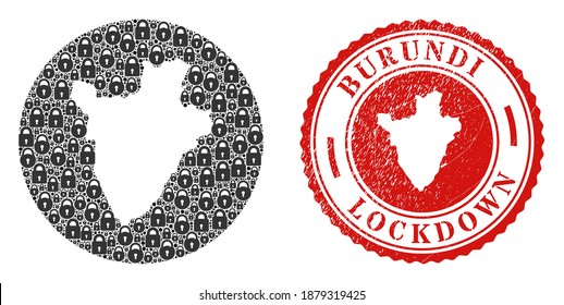 Vector mosaic Burundi map of locks and grunge LOCKDOWN seal stamp. Mosaic geographic Burundi map designed as hole from round shape with black locks.