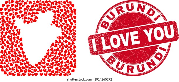 Vector mosaic Burundi map of love heart items and grunge love badge. Collage geographic Burundi map designed as stencil from rounded square with lovely hearts.