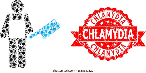 Vektormosaikbutter des SARS-Virus und Chlamydia-Grunge-Bandstempel-Robbe. Viruspartikel im Metzgermosaik. Rote Stempelrobbe enthält den Titel Chlamydia im Band.