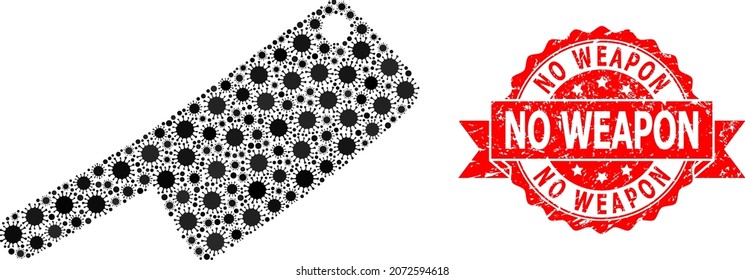 Vektor-Mosaik-Metzgerei-Messer des Virus, und No Weapon korrodierten Bandsiegel Druck. Viruspartikel im Metzgermessermosaik. Rotes Siegel enthält keinen Waffentext in der Schleife.