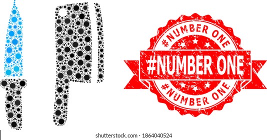 Vector mosaic butchery knives of covid, and #Number One textured ribbon stamp seal. Virus items inside butchery knives mosaic. Red stamp seal contains #Number One tag inside ribbon.