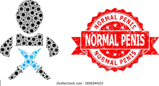 Vector mosaic butchery worker of covid-2019 virus, and Normal Penis scratched ribbon stamp. Virus cells inside butchery worker collage. Red stamp includes Normal Penis text inside ribbon.