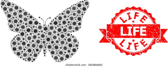 Vector mosaic butterfly of flu virus, and Life scratched ribbon stamp seal. Virus items inside butterfly composition. Red stamp seal has Life tag inside ribbon.