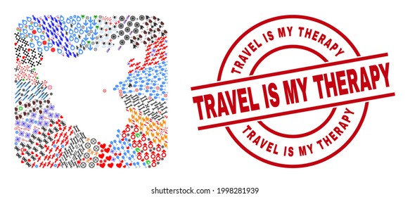 Vector mosaic Cadiz Province map of different icons and Travel Is My Therapy seal stamp. Mosaic Cadiz Province map created as hole from rounded square shape.