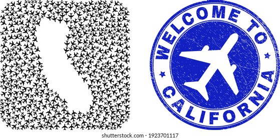 Vector mosaic California State map of air plane items and grunge Welcome seal stamp. Mosaic geographic California State map designed as carved shape from rounded square with air transport.