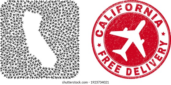 Vector mosaic California State map of jet vehicle elements and grunge Free Delivery stamp.